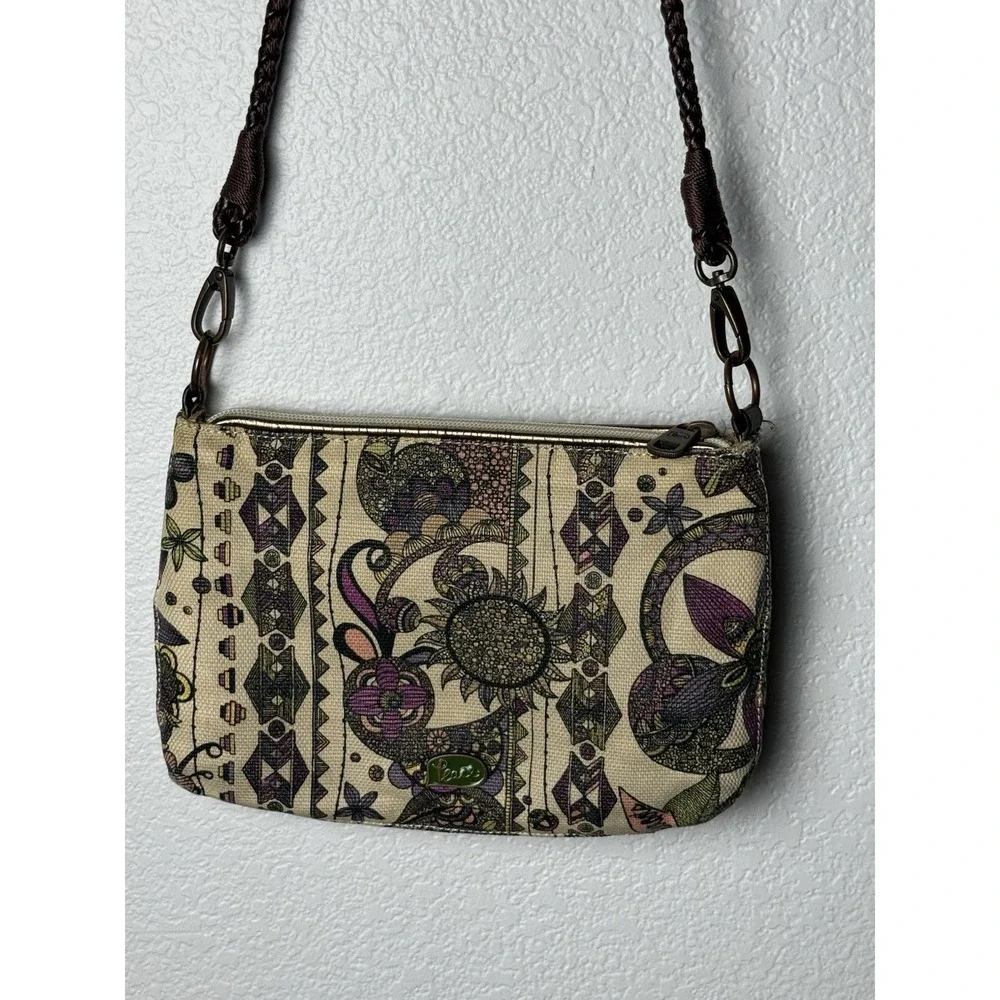 Sakroots Owl Floral Canvas Crossbody Bag Brown Braided Strap Small Boho Purse